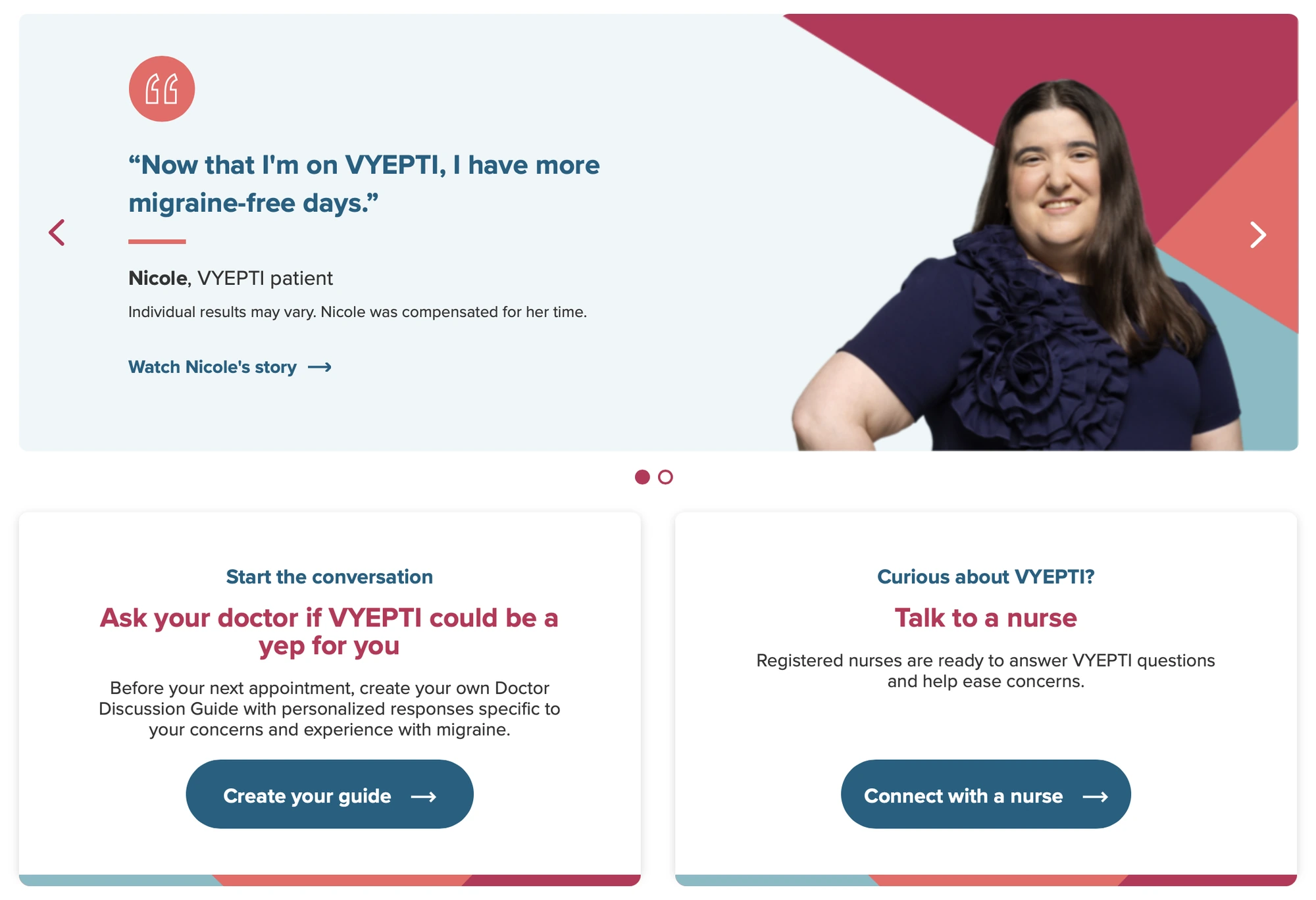 Patient stories — testimonial carousel and support cards