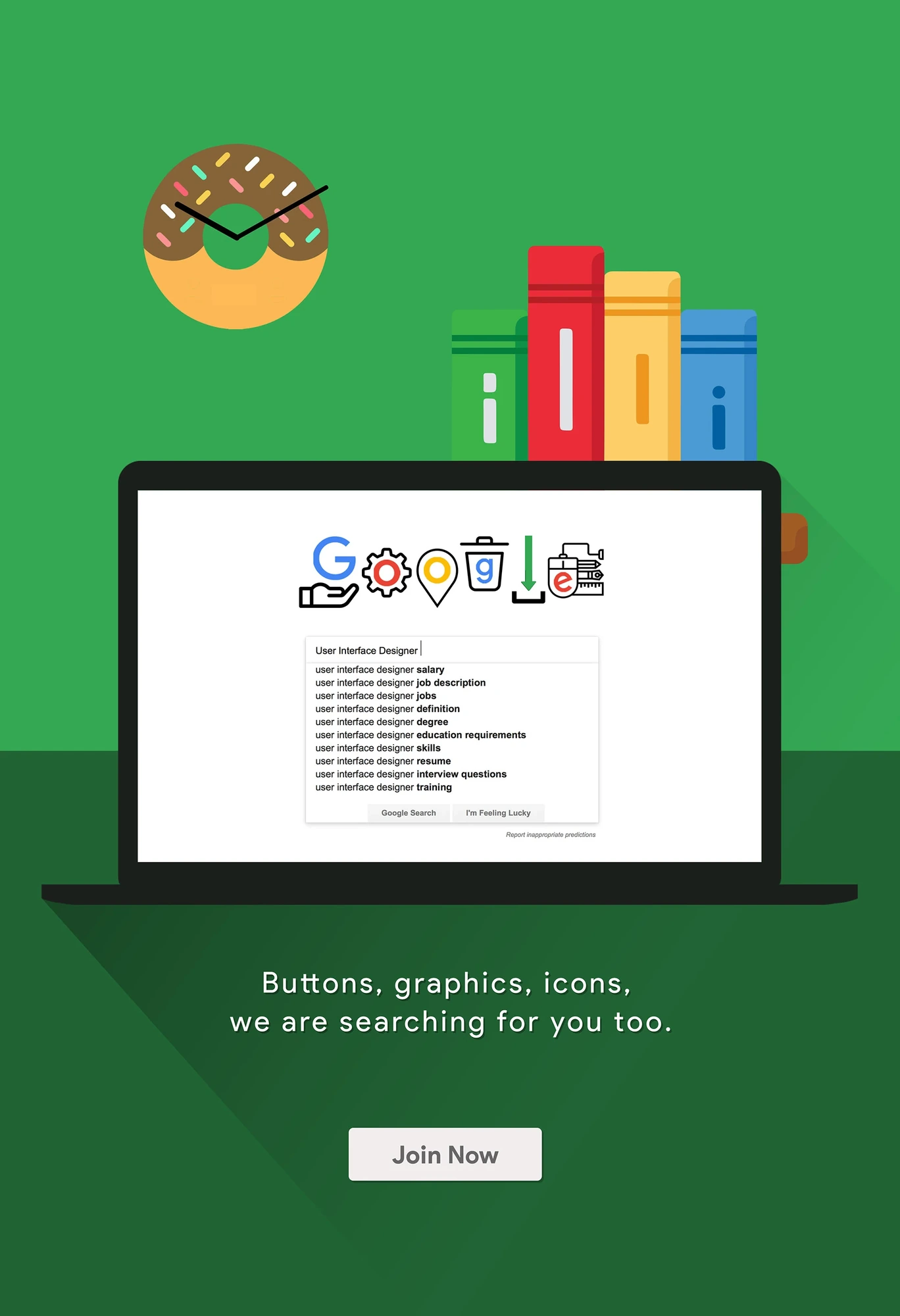 Google Ad Campaign — final poster, laptop with donut clock: Join Now