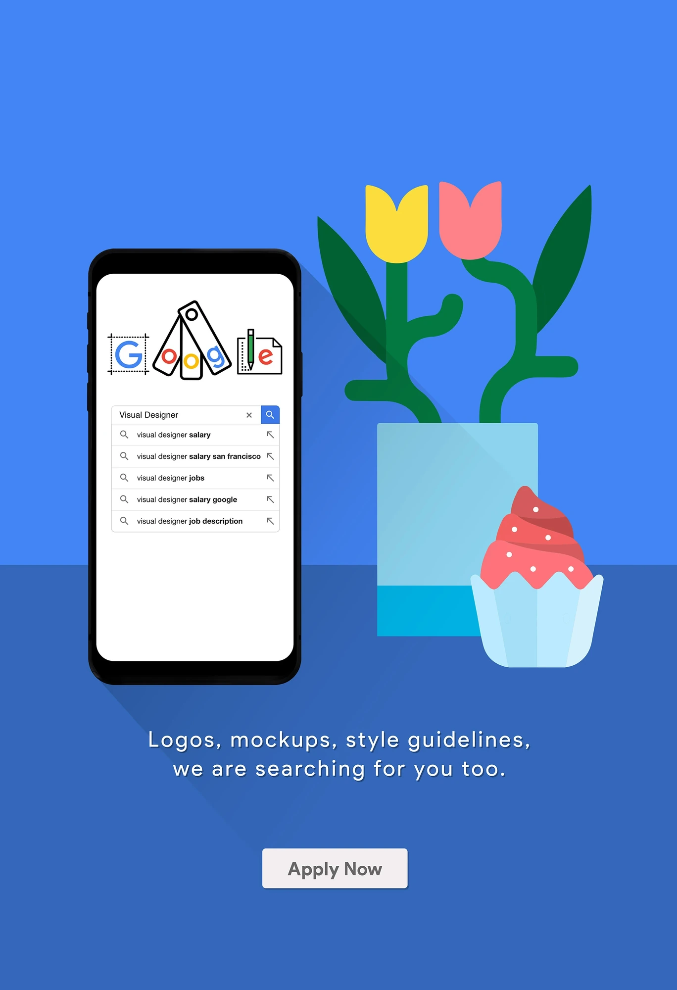 Google Ad Campaign — final poster, phone with cupcake: Apply Now