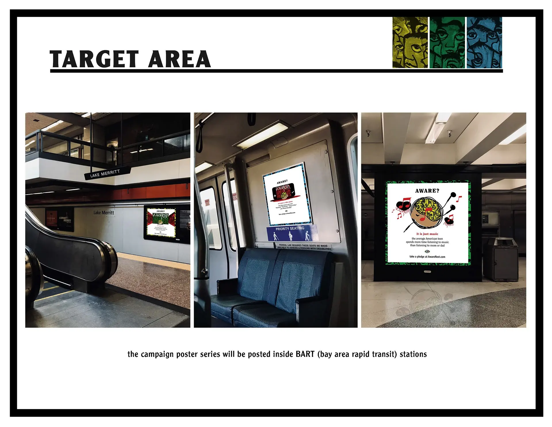 AwareNest poster series shown in transit stations
