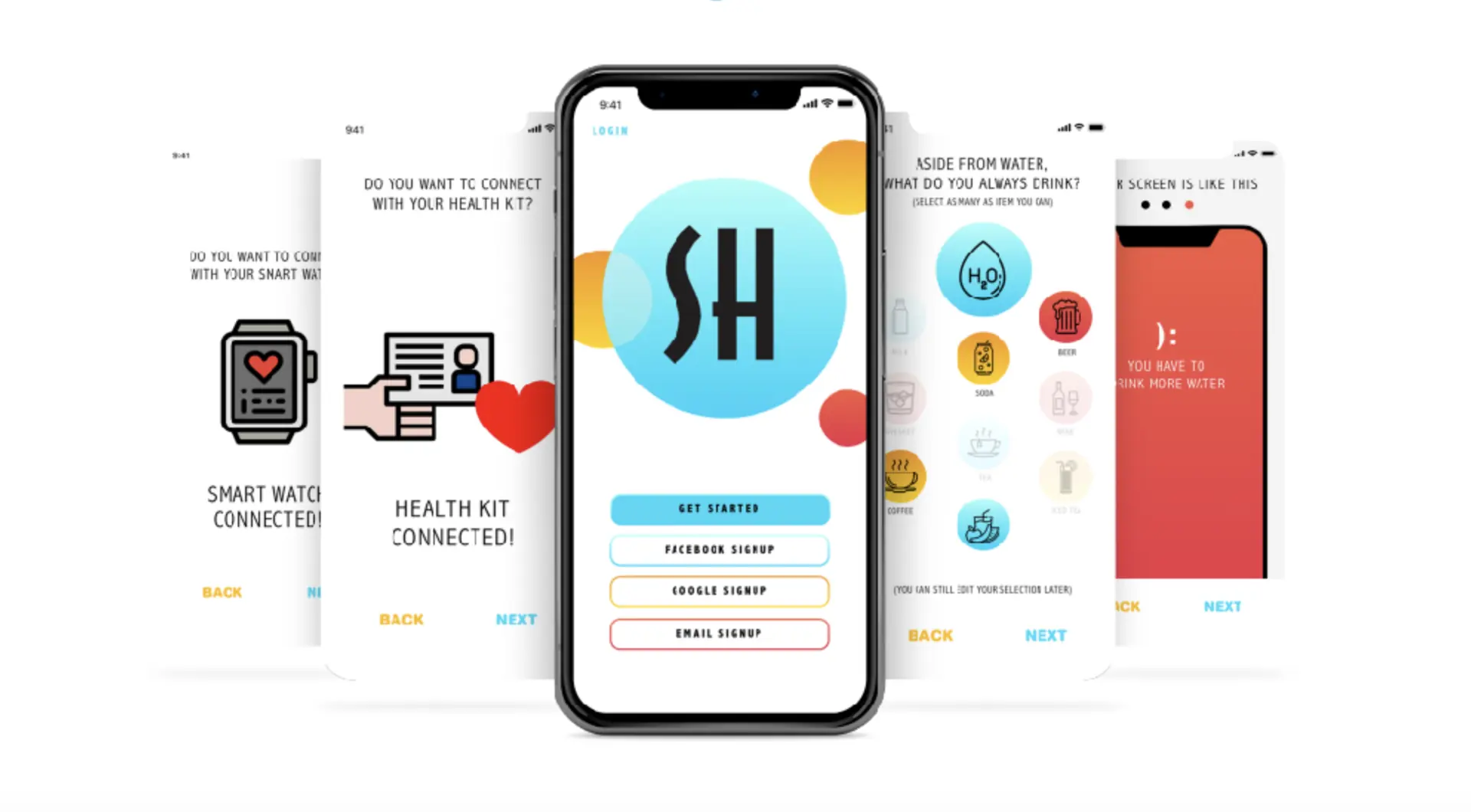 SH onboarding screens: sign in, smart watch and Health Kit connection, favorite drinks