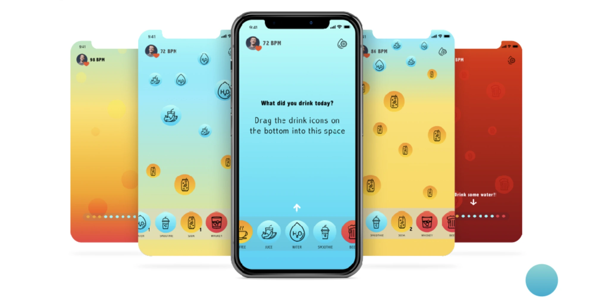 SH drink tracking screens: drag drink icons into the space, with the screen shifting from blue to red