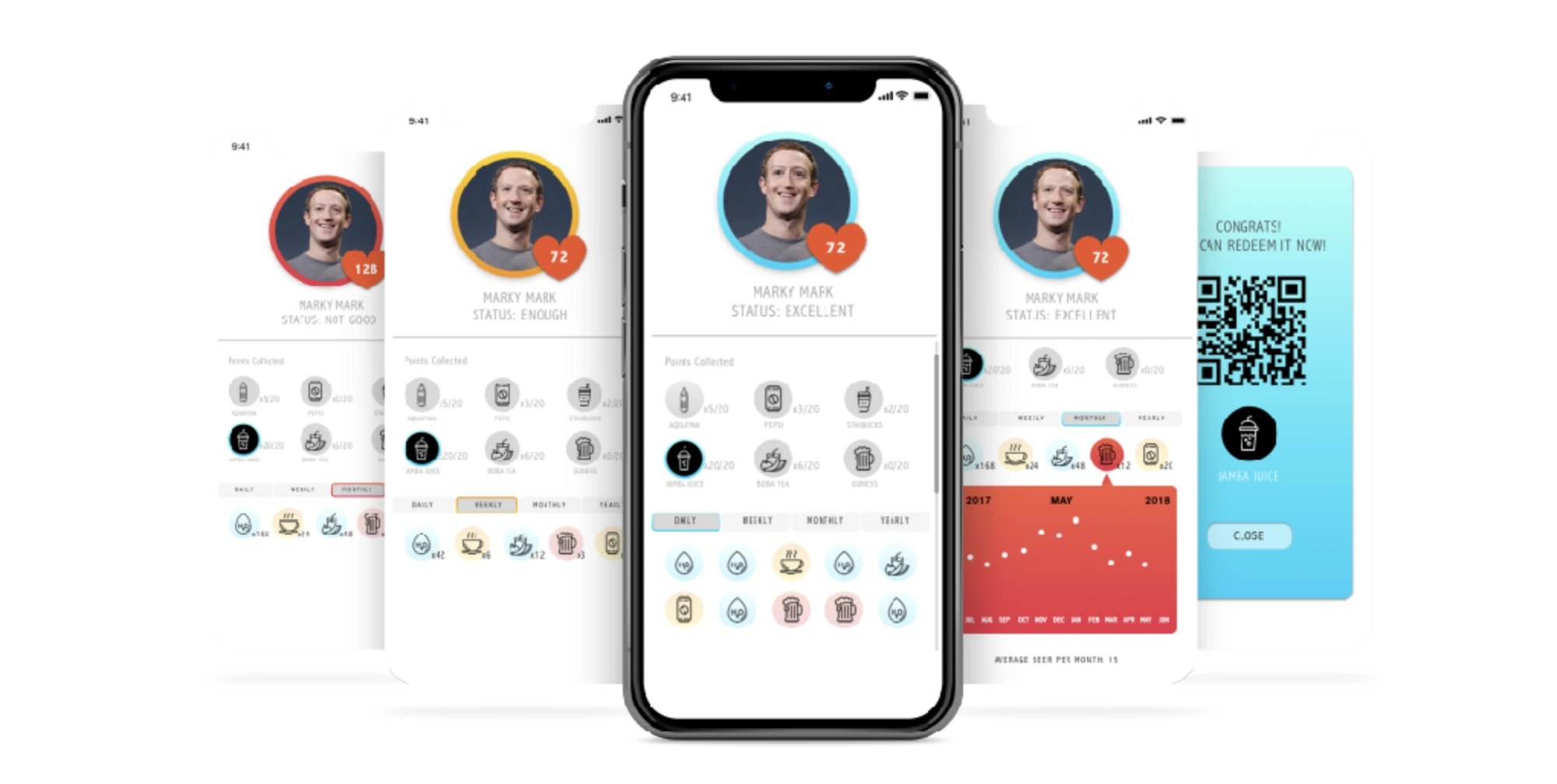 SH profile screens: status, points collected, history chart, and a QR reward