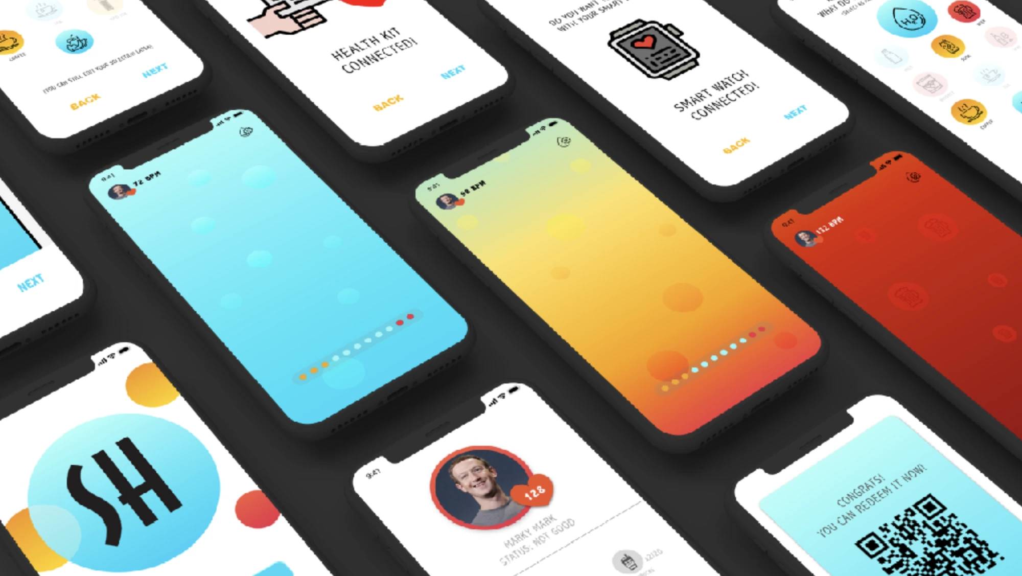 SH screen set: onboarding, home states from blue to red, profile, and reward