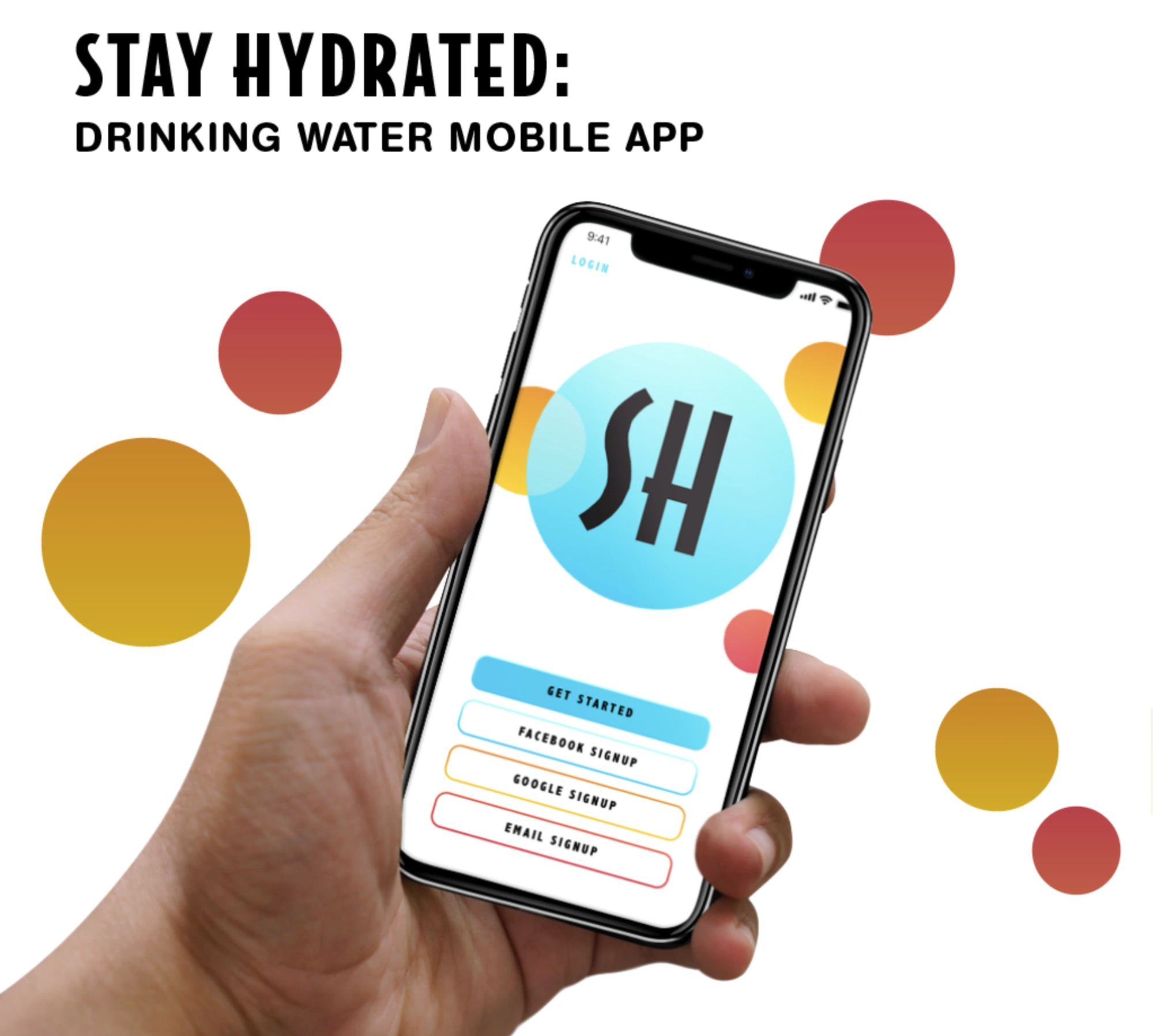 Stay Hydrated: drinking water mobile app, the SH sign-in screen held in a hand